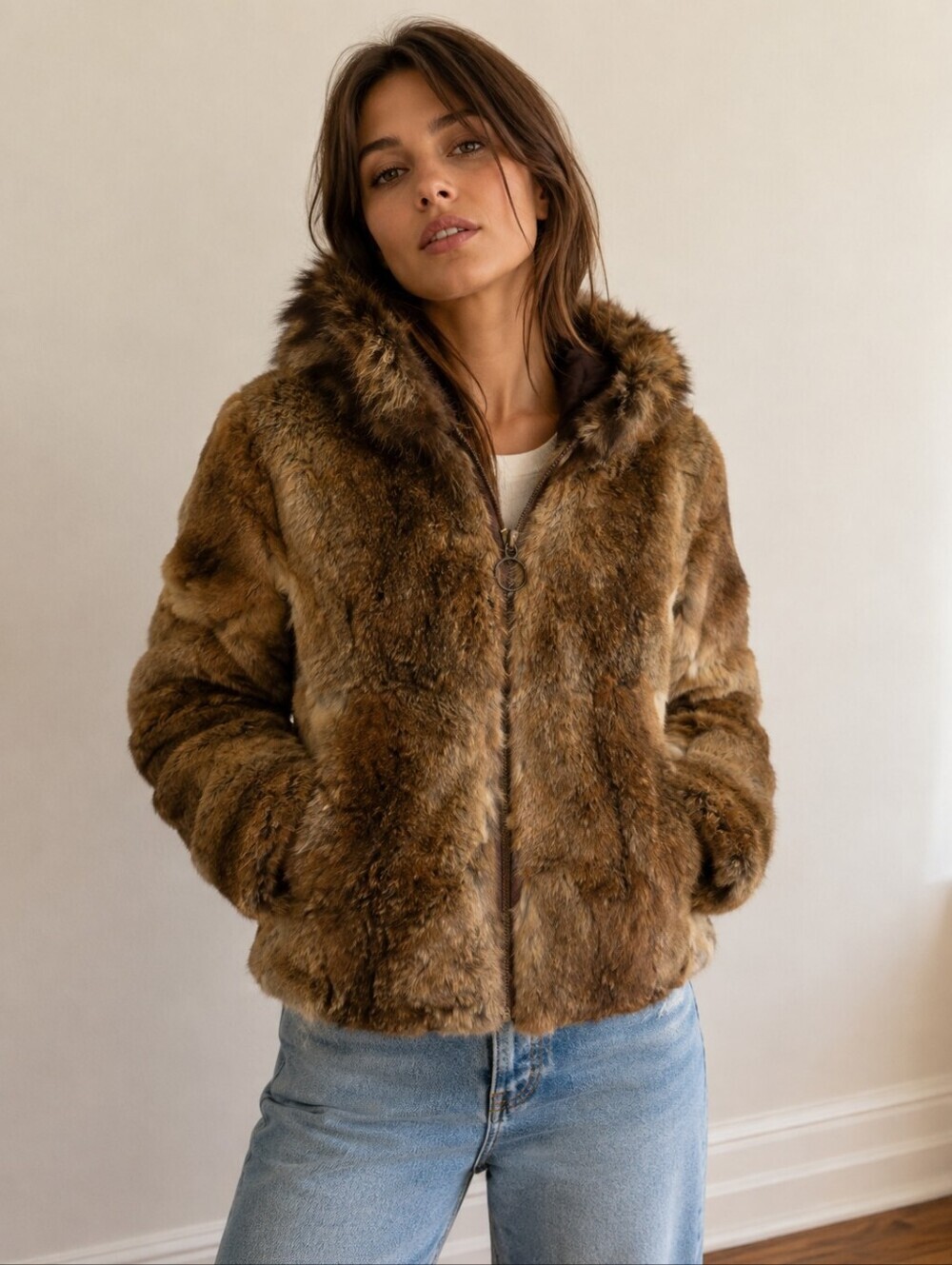 Vintage Genuine Brown Rabbit Fur Coat Lined Hooded Full Zip Women's XS Luxury